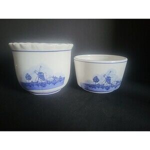 Nautical Sailboat Windmill Planting Pots LOT 2 Taiwan White Blue 5” & 6” Vintage